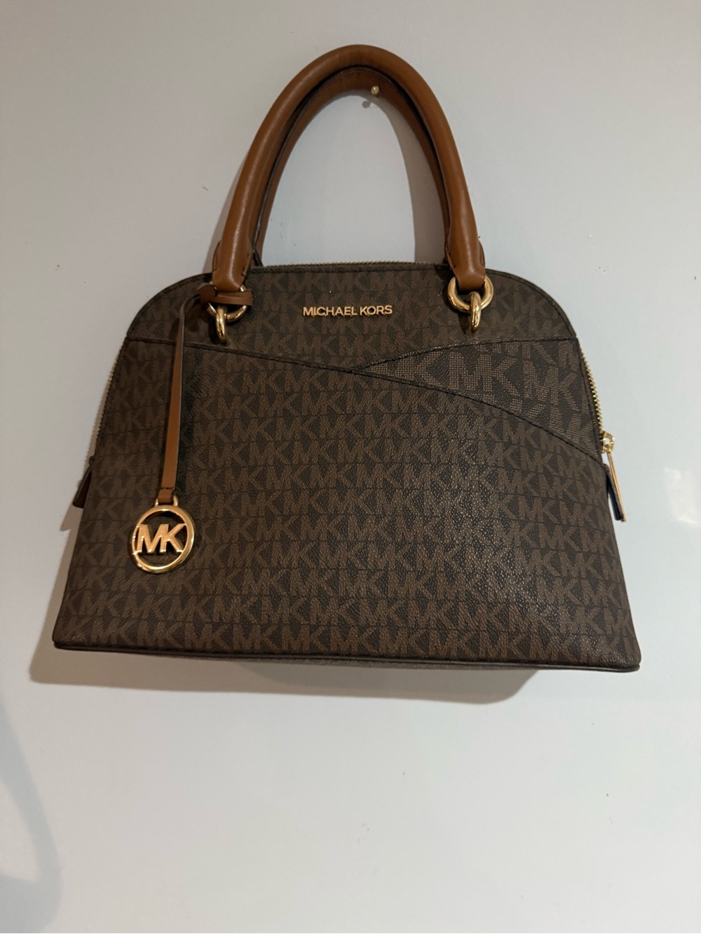 Michael Kors Brown MK Logo Dome Satchel with Gold Hardware